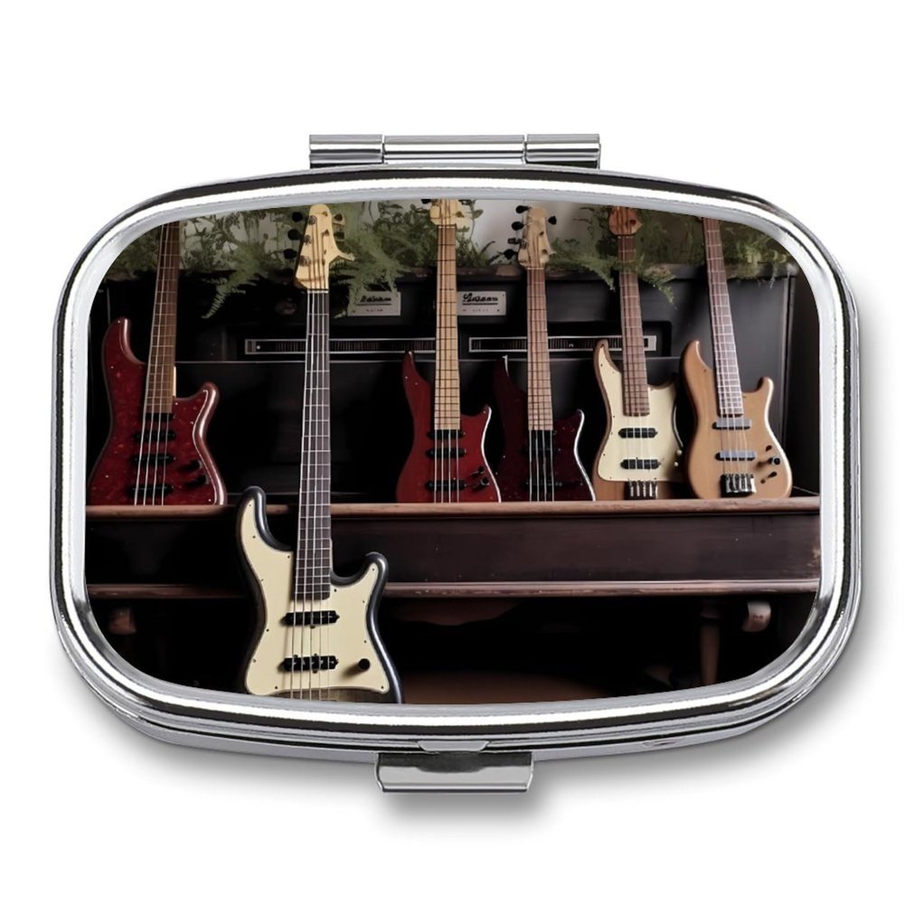 Guitar Bass Music Musical Instruments Pill Box Cute Square Pill Case Portable Medicine Tablet Vitamin Holder Organizer for Purse Pocket