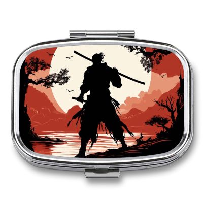 Samurai Square Pill Box Travel Portable Pill Case 2 Compartment Medicine Metal Tablet Vitamin Holder Organizer for Purse Pocket