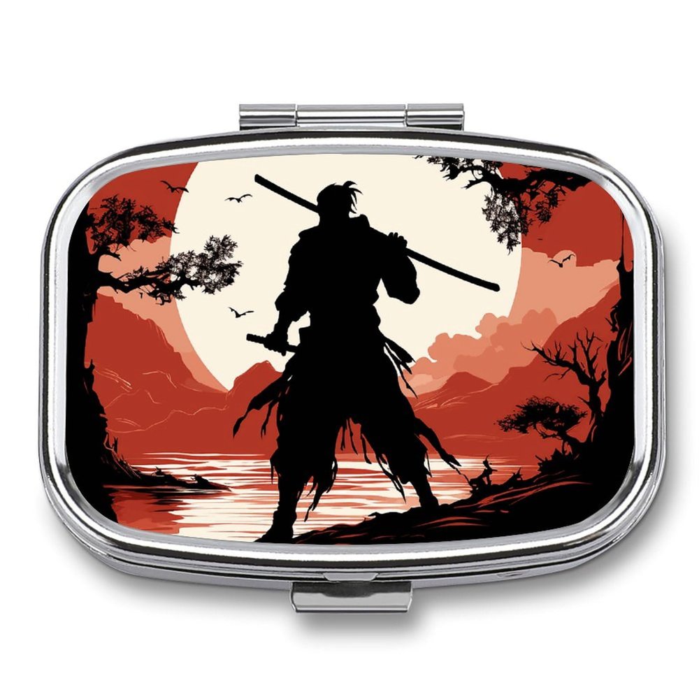 Samurai Square Pill Box Travel Portable Pill Case 2 Compartment Medicine Metal Tablet Vitamin Holder Organizer for Purse Pocket