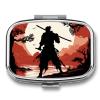 Samurai Square Pill Box Travel Portable Pill Case 2 Compartment Medicine Metal Tablet Vitamin Holder Organizer for Purse Pocket view 1