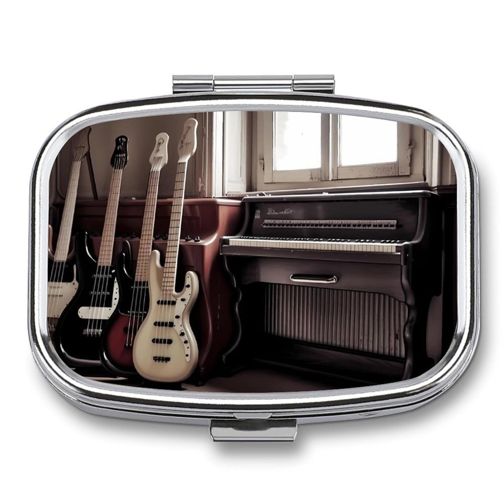 Guitar Bass Music Musical Instruments Pill Box Cute Square Pill Case Portable Medicine Tablet Vitamin Holder Organizer for Purse Pocket