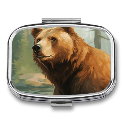 Brown Bear Water and Trees Square Pill Box Travel Portable Pill Case 2 Compartment Medicine Metal Tablet Vitamin Holder Organizer for Purse Pocket