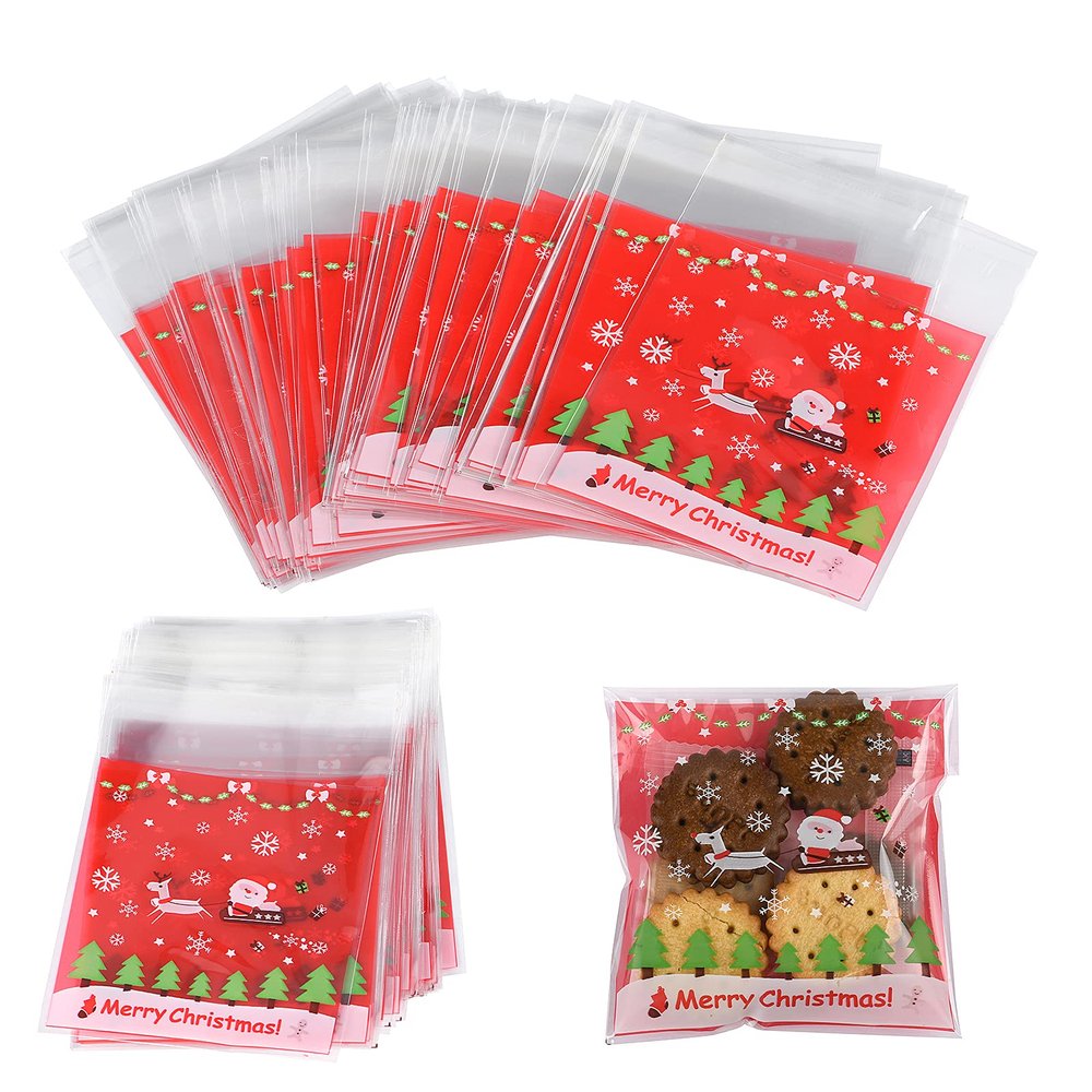 KUZIUA Christmas Cellophane Bags, 100 Pcs Clear Resealable Cellophane Treat Bags, Cellophane Gift Bags with Adhesive Closure for Snack, Cookie & Candies, Halloween Party Supplies, 4 * 4 Inch