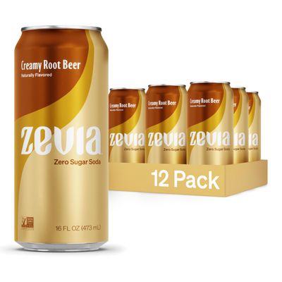 Zevia Zero Sugar Soda, Creamy Root Beer, 16 oz Cans (12-Pack) Naturally Sweetened, Non-GMO Project Verified, Gluten-Free, Vegan