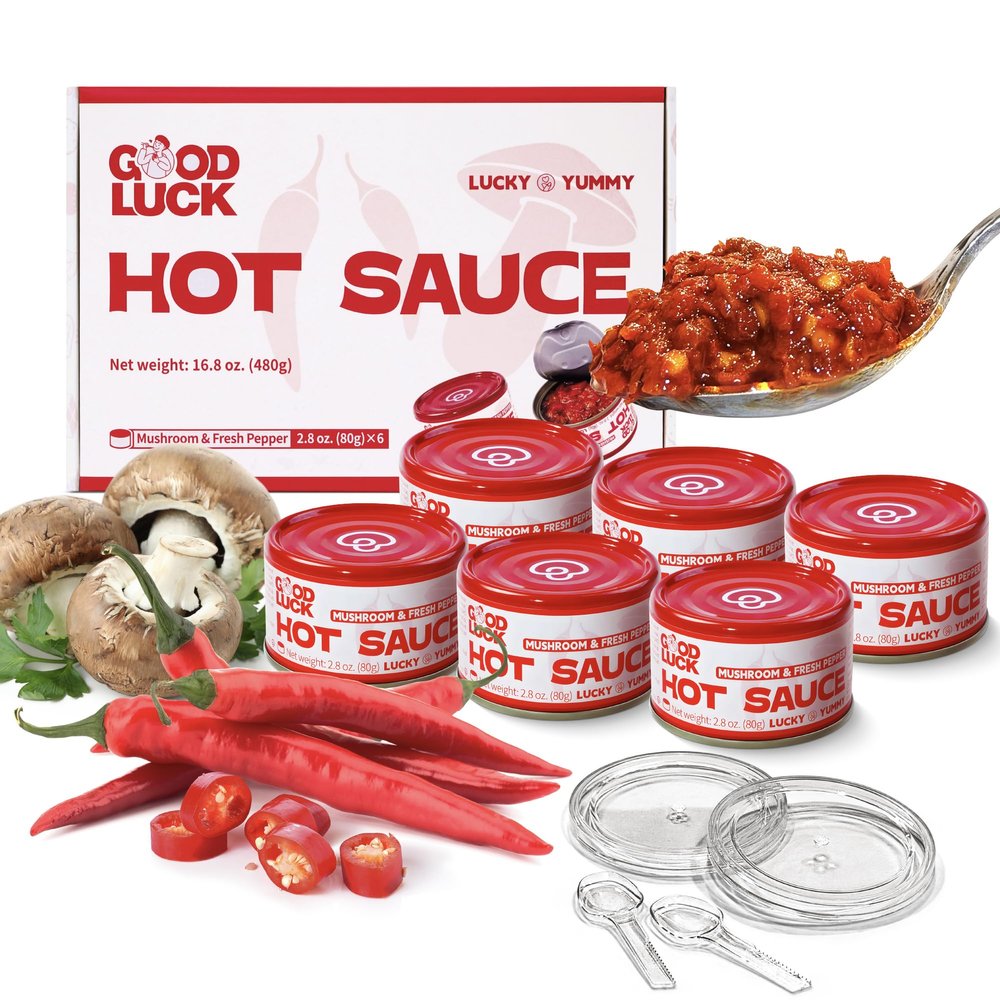 GOOD LUCK Mushroom Hot Sauce, Spicy Chili Oil and Chili Paste with High-Grade Instant Mushroom Sauce, Chopped Chili Sauce,Fresh Pepper,Soybean,Garlic,6 Cans