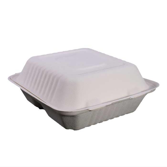 KITCH24/7 White Compostable 3 Compartment Molded Fiber Hinged Container, 8 x 8 inch - 200 per case