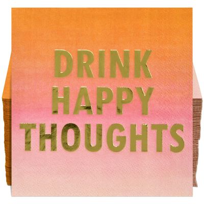 100 Pcs Drink Happy Thoughts Cocktail Beverage Napkins Disposable Pink Ombre & Gold Funny Paper Dessert Napkin for Wine Bar Birthday Party Supplies