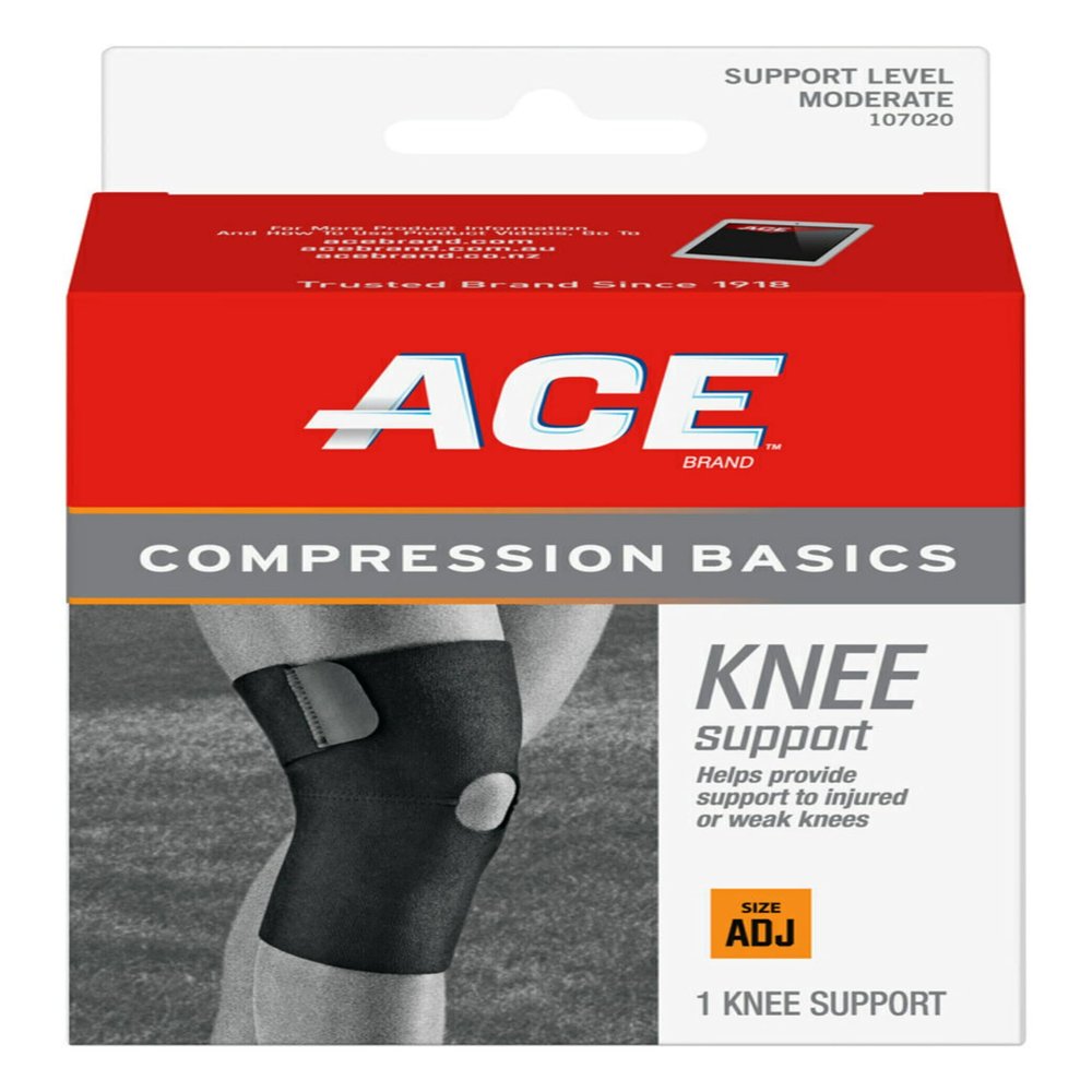 ACE Sport Basics Adjustable Knee Support 107020 Moderate Compression Brace for Injury Recovery and Prevention, Fits Left or Right Knee