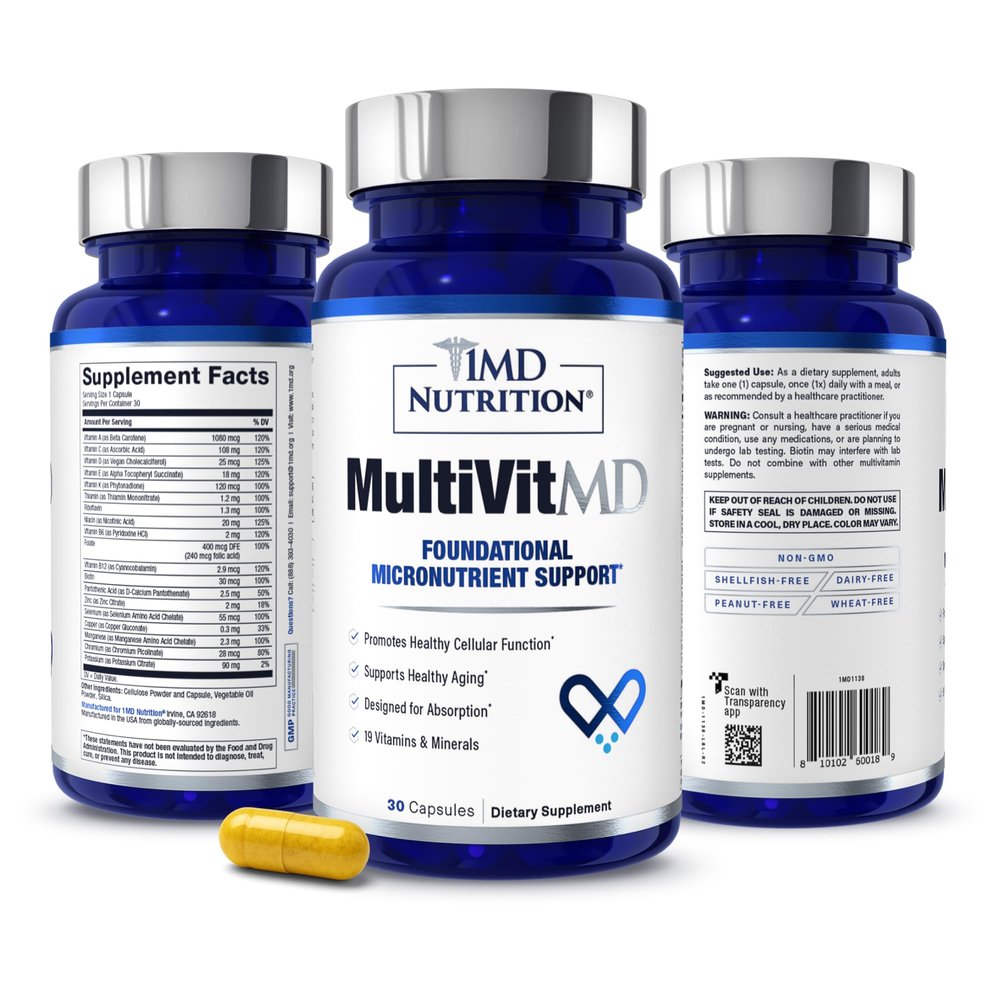 1MD Nutrition MultiVitMD Daily Multivitamin 19 Essential Vitamins & Minerals for Adults Over 55 | Supports Healthy Aging, Heart, Brain, Bone, & Immune Health | Designed for Absorption | 30 Capsules