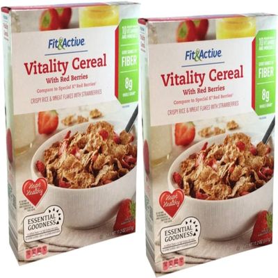 2 PACK Fit & Active Vitality Red Berries Crispy Rice & Wheat Flakes Cereal with Strawberries | 11.2 oz per box | Whole Grain Goodness | No Artificial Additives | Excellent Source of 10 Vitamins & Minerals | Good Source of Fiber - 8g Whole Grai