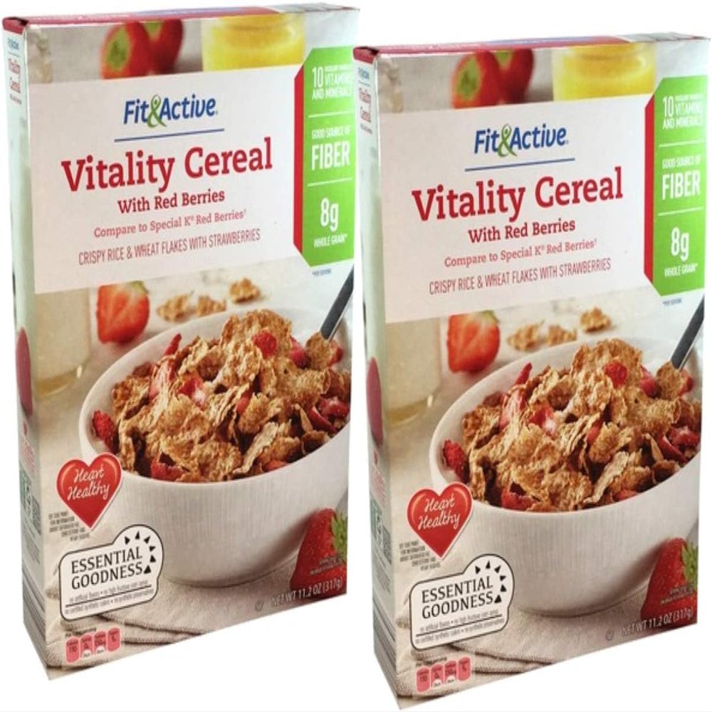 2 PACK Fit & Active Vitality Red Berries Crispy Rice & Wheat Flakes Cereal with Strawberries | 11.2 oz per box | Whole Grain Goodness | No Artificial Additives | Excellent Source of 10 Vitamins & Minerals | Good Source of Fiber - 8g Whole Grai