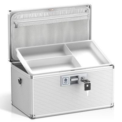 Lockbako Medicine Lock Box with Key, Alluminum Alloy Box for Medication,First Aid Box with a Removeable Tray to Store Medicines & Pills for Home, Silver 14 * 8.46 * 7.48 Inch