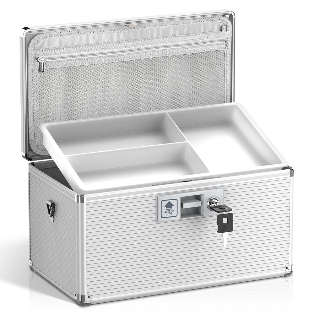 Lockbako Medicine Lock Box with Key, Alluminum Alloy Box for Medication,First Aid Box with a Removeable Tray to Store Medicines & Pills for Home, Silver 14 * 8.46 * 7.48 Inch