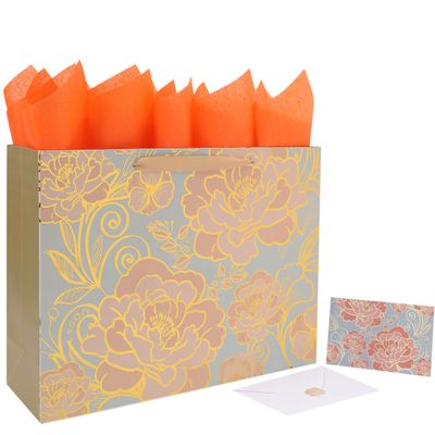 16.5 Extra Large Rose Gold Gift Bag Set with Handles, Greeting Card, Tissue Papers and Stickers for Women Girls for Birthday, Mothers Day, Wedding, Valentine's Day and Foil Traced Flowers Design, 1 Pcs