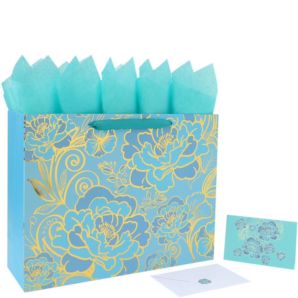 16.5 Extra Large Rose Green Gift Bag Set with Handles, Greeting Card, Tissue Papers and Stickers for Women Girls for Birthday, Mothers Day, Wedding, Valentine's Day, Foil Traced Flowers Design, 1 Pcs
