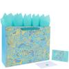 16.5 Extra Large Rose Green Gift Bag Set with Handles, Greeting Card, Tissue Papers and Stickers for Women Girls for Birthday, Mothers Day, Wedding, Valentine's Day, Foil Traced Flowers Design, 1 Pcs view 1