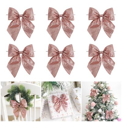 AIMUDI Rose Gold Glitter Wired Ribbon Bows with Twist Tie 5.5" Premade Metallic Christmas Bows for Gift Wrapping, Wreath, Garland, Holiday Crafts Party Home Outdoor Christmas Tree Decorations, 12 PCs