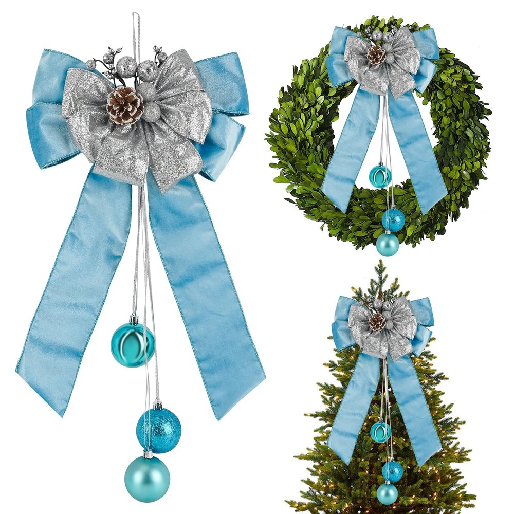 AIMUDI Blue Christmas Tree Topper Bows, 11 x 16 Inches Blue Bows for Christmas Tree Decorations Velvet Ribbon Bows with Baubles for Wreath, Door, Cabinet, Staircase, 1 PC