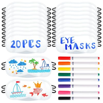 20 PCS Eye Mask Sleepover Party Supplies Slumber Party Favors for Girls Pajama Party Decorations Sleep White Soft Shade Blindfold Eye Covering Color the Bulk Game Stuff with 8 PCS Fabric Marker Pens