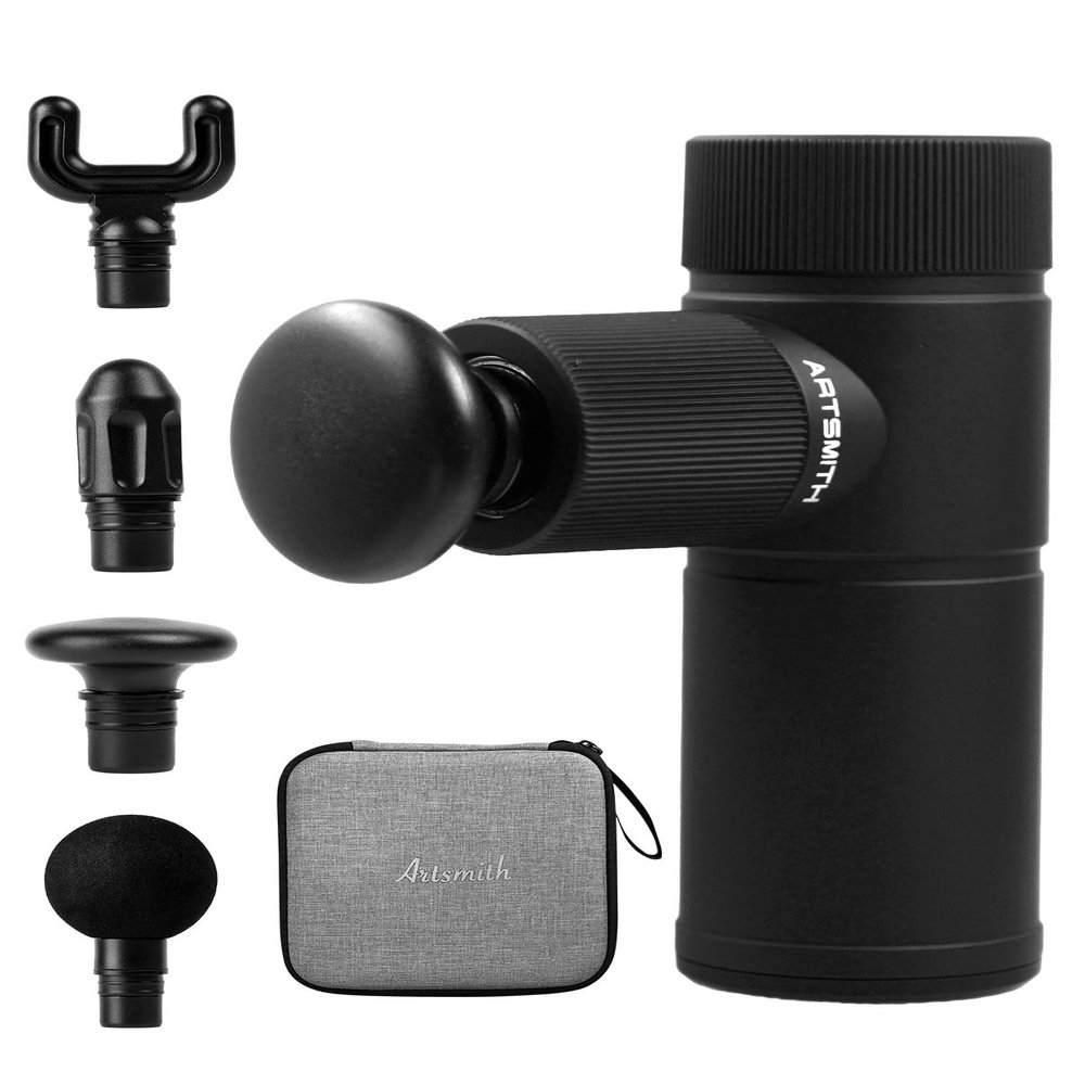 ARTSMITH Portable Deep Tissue Massage Gun - Ultra-Compact. Quiet Handheld Muscle Relaxer. 4 Speeds. 5 Heads. Carrying Case. Ideal for Athletes & Home Use. Relieves Muscle Soreness & Stiffness