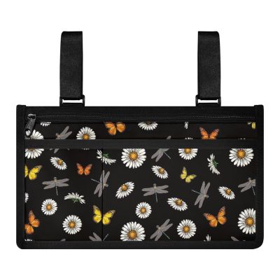 SUITOSELFY Wheelchair Side Bag White Daisy Dragonfly Print Wheelchair Bags to Hand on Side Armrest Pouch with Cup Holder Wheelchair Accessories Organizer Bags for Walkers Rollator