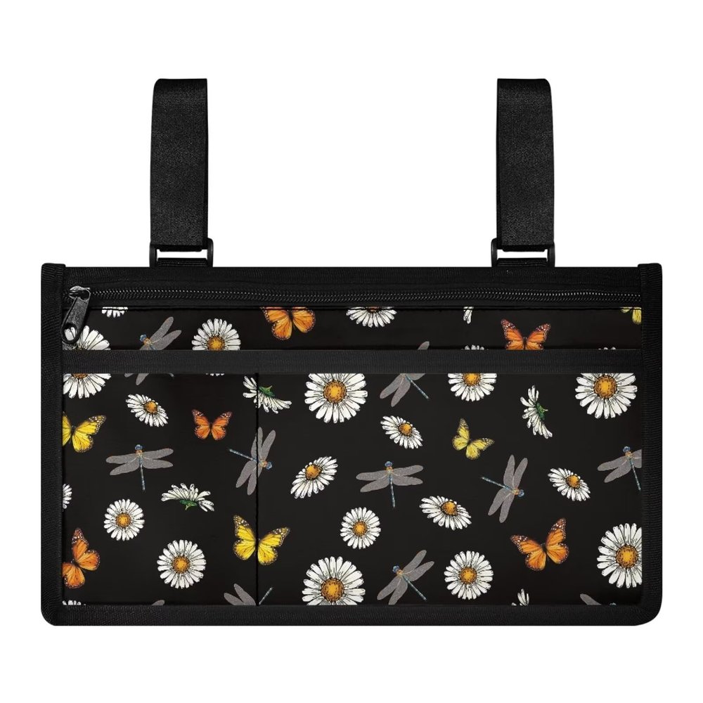 SUITOSELFY Wheelchair Side Bag White Daisy Dragonfly Print Wheelchair Bags to Hand on Side Armrest Pouch with Cup Holder Wheelchair Accessories Organizer Bags for Walkers Rollator