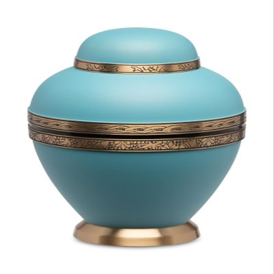 Adult Brass Urn for Human Ashes - Matte Turquoise Brass Black - Phoenix Memorials Island Breeze Caribbean Urns - Etched Band - Memorial, Funeral, Burial, Cemetery, or Home Decorative Urn