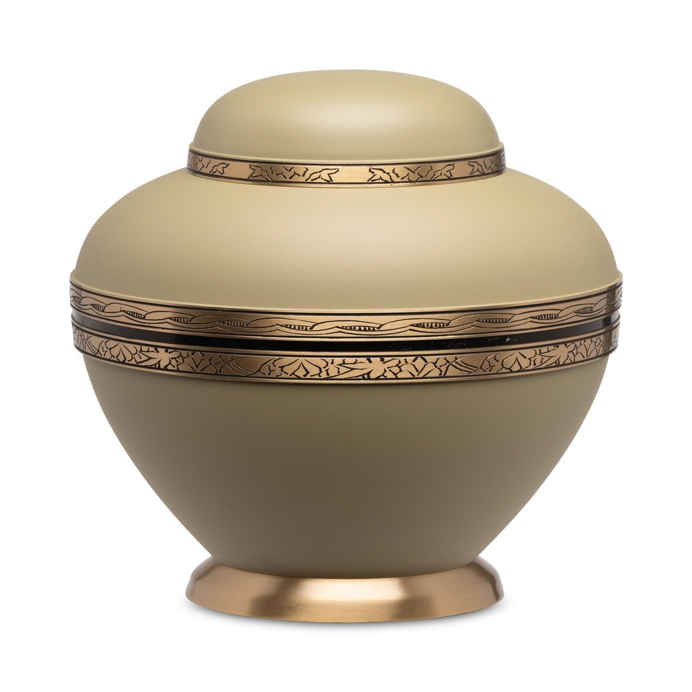 Adult Brass Urn for Human Ashes - Matte Moss Green Brass Black - Phoenix Memorials Island Breeze Caribbean Urns - Etched Band - Memorial, Funeral, Burial, Cemetery, or Home Decorative Urn