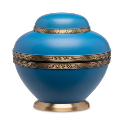 Adult Brass Urn for Human Ashes - Matte Blue Brass Black - Phoenix Memorials Island Breeze Caribbean Urns - Etched Band - Memorial, Funeral, Burial, Cemetery, or Home Decorative Urn