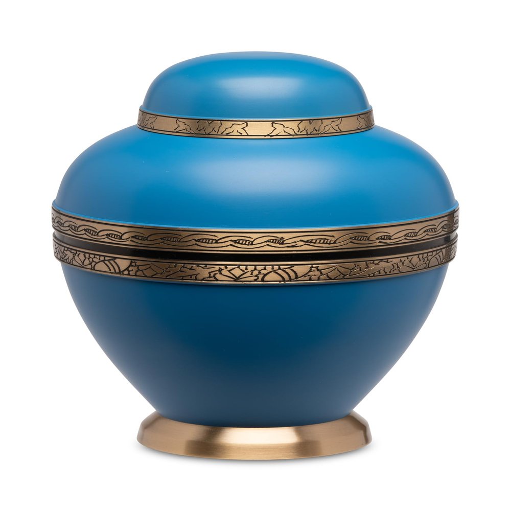 Adult Brass Urn for Human Ashes - Matte Blue Brass Black - Phoenix Memorials Island Breeze Caribbean Urns - Etched Band - Memorial, Funeral, Burial, Cemetery, or Home Decorative Urn
