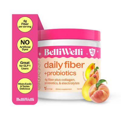 BelliWelli Fiber Supplement for Women & Men  Premium Daily Fiber Powder from Organic Acacia with Added Collagen, Electrolytes & Probiotics  No Bloat, Constipation & Gut Health Support (Peach Mango)