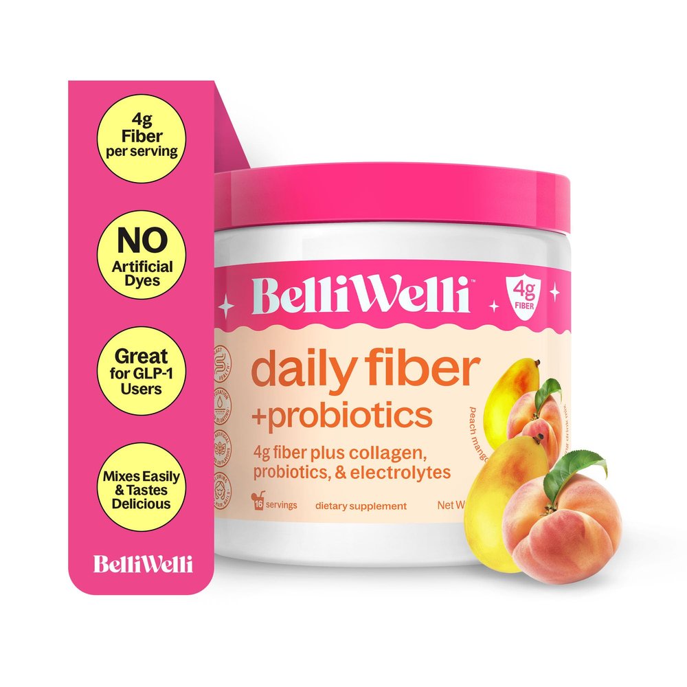 BelliWelli Fiber Supplement for Women & Men  Premium Daily Fiber Powder from Organic Acacia with Added Collagen, Electrolytes & Probiotics  No Bloat, Constipation & Gut Health Support (Peach Mango)