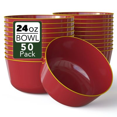 Trendables Plastic Bowls Disposable Bowls 24 Oz Bowl Set Of 50 Burgundy Gold Rimmed Fancy Plastic Serving Dishes Perfect for Parties and Events Disposable Candy Bowl