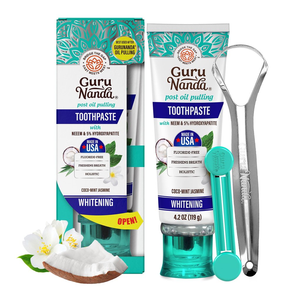 GuruNanda Hydroxyapatite Toothpaste, SLS & Fluoride Free, Whitening Toothpaste with Tongue Scraper & Squeezer - Freshens Breath, Fights Plaque - Natural CocoMint Jasmine Neem, 4.2oz