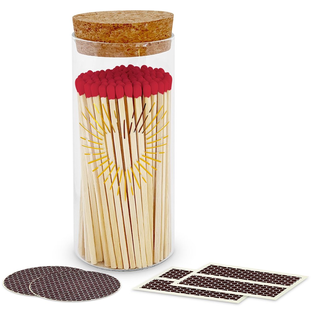 Decorative Matches in a Gold Heart Foil Glass Jar | 4" Cherry Red Long Matches (100 match sticks) Cork Top Glass Holder + Striker Stickers, Gifts, Dcor & Candle Accessories by Thankful Greetings USA