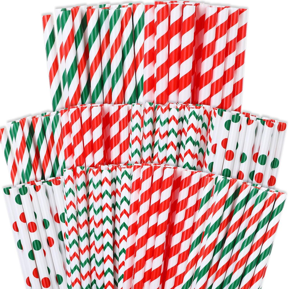 Uiifan 100 Pcs Christmas Straws Plastic Drinking Christmas 9 Inch 4 Styles Reusable Hard Straws for Holiday Birthday Wedding Family Party Favors Supplies(Classic)