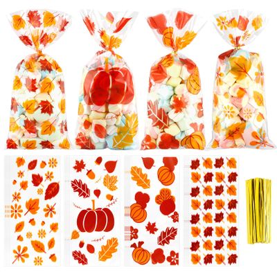 Fall Thanksgiving Treat Bags,200Pcs Thanksgiving Fall Cellophane Treat Bags, Plastic Falls Autumn Maple Leaf Pumpkin Candy Cookies Goodie Gift Bags with Twist Ties for Thanksgivings Falls Party Favors