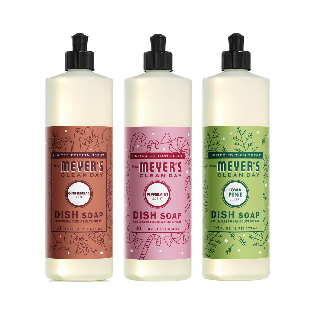 Mrs. MEYER'S CLEAN DAY Dish Soap 3 Pack Variety, 16 OZ Each, 1 CT (Iowa Pine + Peppermint + Gingerbread (Dish Soap))
