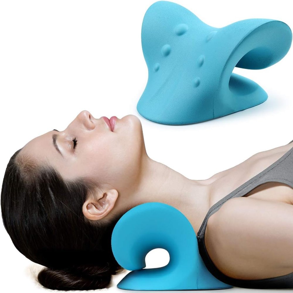 Neck and Shoulder Relaxer, Cervical Traction Device for Pain Relief and Cervical Spine Alignment, Chiropractic Pillow Neck Stretcher (Blue)