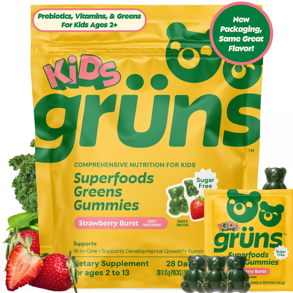 Gruns Multivitamin for Kids, Sugar-Free, Super Greens Superfood Gummy Bears with 20 Vitamins & Minerals, Alfalfa, Spirulina, Chlorella, Prebiotics Fiber for Digestive Health, Adaptogens, 28 ct
