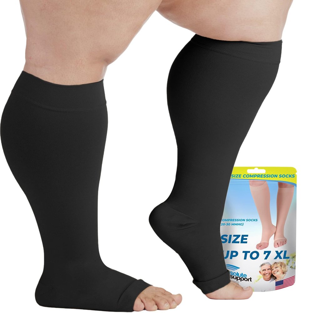 Wide Calf Compression Socks for Men and Women 20-30mmHg - Compression Knee High for Circulation Pregnancy, Nursing, Travel, Airplane - Open Toe - Black, 4X-Large - A511BL7