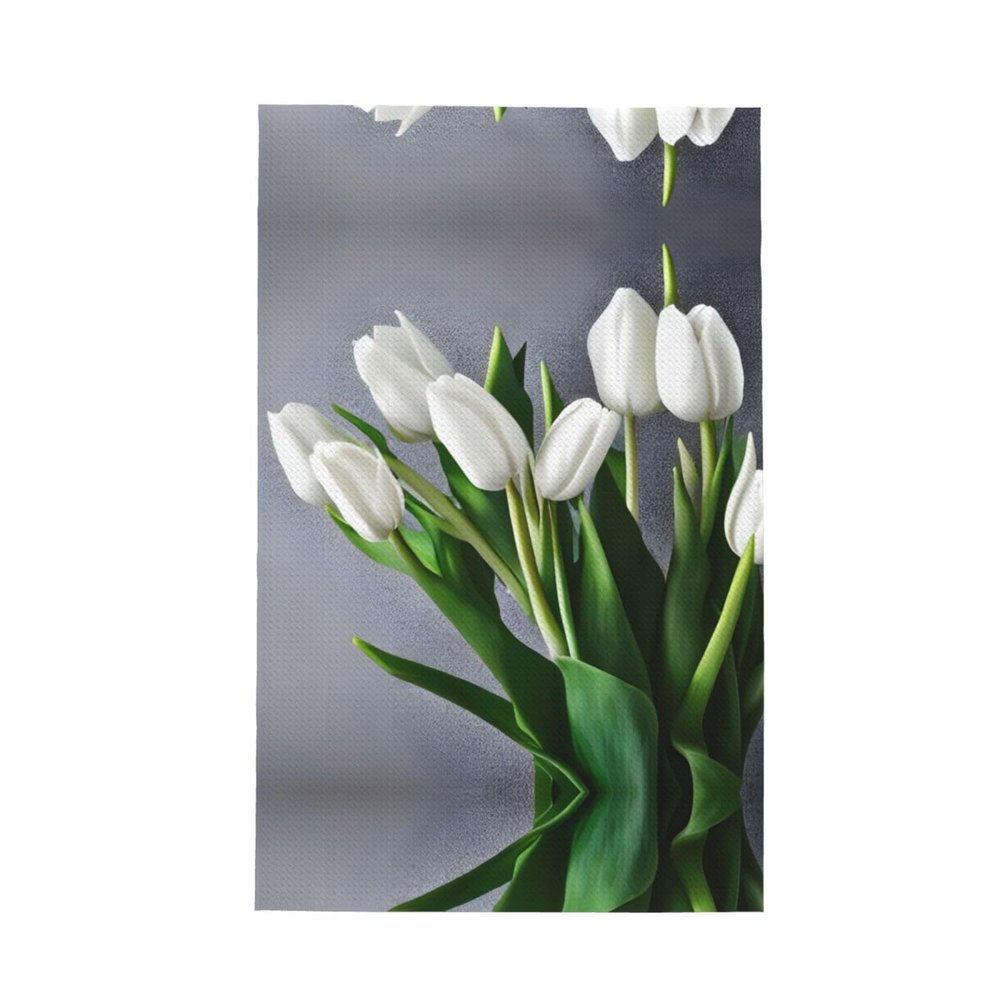 White Tulips Flowers Waffle Kitchen Towel - Absorbent and Reusable Hand Towel, Washable Dish Towel with Hanging Loop