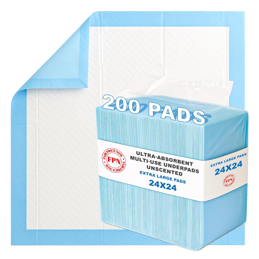 FPN Disposable Underpads - 200 Pack | 24 x 24 inch ,Super Absorbent, Leakproof, Quick Drying,Versatile Bed Chux Pads for Kids, Adults, Elderly & Pets | Ideal for Incontinence Care & Puppy Training