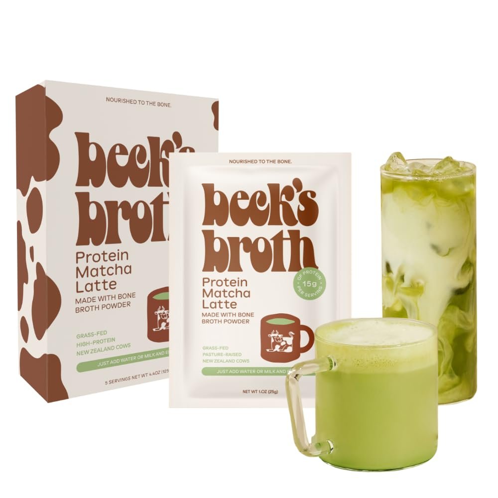 Beck's Broth Protein Matcha Latte (5-Pack) | Made w/Pasture Raised Bone Broth Powder | Dairy Free, Gluten Free | High Protein Drinks | Organic Matcha Powder | Rich & Smooth - Enjoy Hot or Iced Matcha