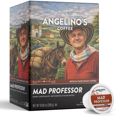 Angelino's Coffee Mad Professor Coffee Pods, Medium-Dark Roast - Single Serve K-Cup Compatible Capsules - Bold Reserve Blend with Dark Chocolate, Nectarine & Plum Notes - 24 Count