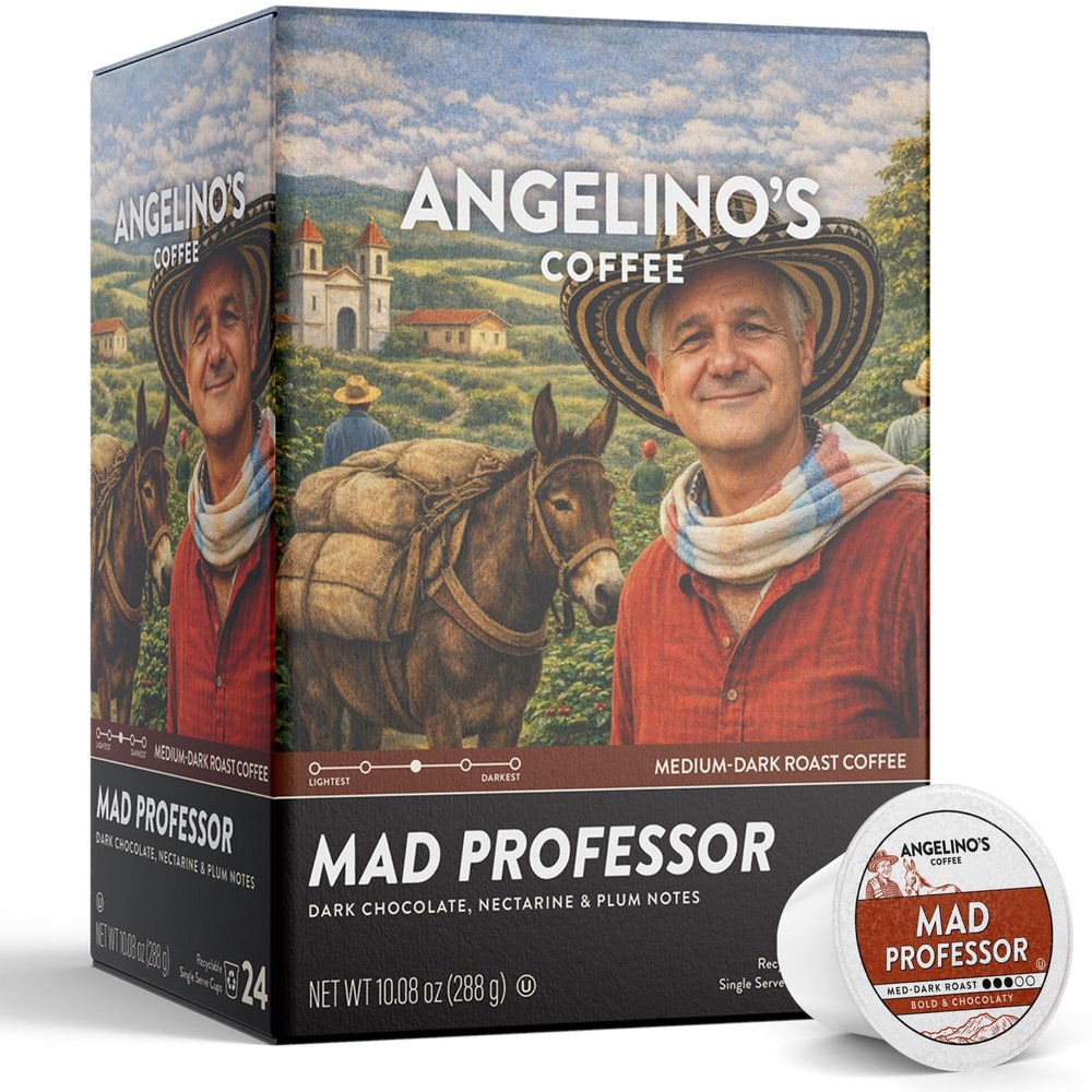 Angelino's Coffee Mad Professor Coffee Pods, Medium-Dark Roast - Single Serve K-Cup Compatible Capsules - Bold Reserve Blend with Dark Chocolate, Nectarine & Plum Notes - 24 Count