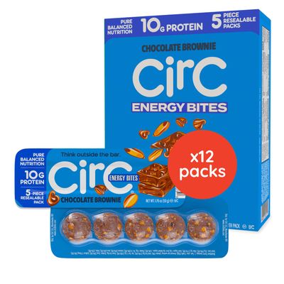CirC Energy Bites - 12 Pack Chocolate Brownie Gluten Free Protein Balls - 10g Protein, Whole Grains, Nuts & Fruit - Portable Healthy Snacks for Adults & Kids, 5 Piece Resealable Packs