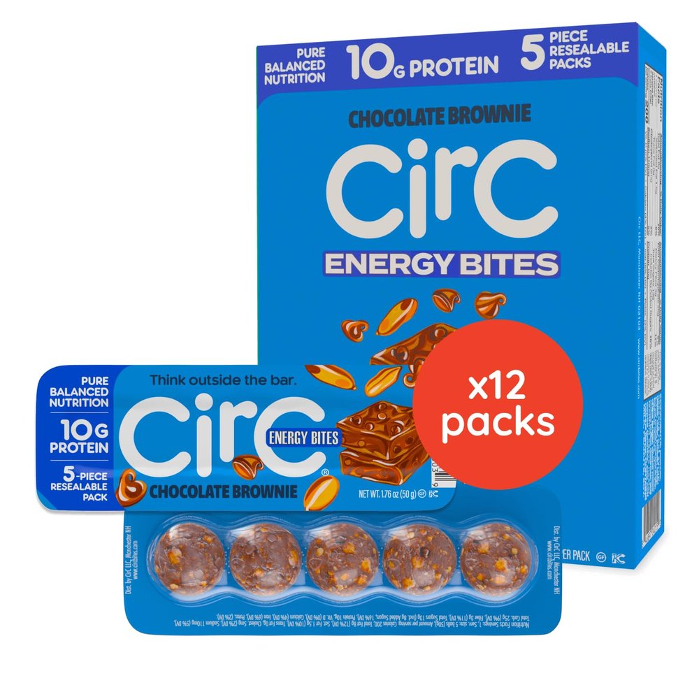 CirC Energy Bites - 12 Pack Chocolate Brownie Gluten Free Protein Balls - 10g Protein, Whole Grains, Nuts & Fruit - Portable Healthy Snacks for Adults & Kids, 5 Piece Resealable Packs