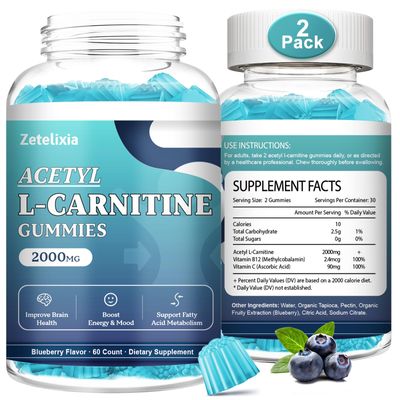 Zetelixia 2 Pack Sugar Free Acetyl L-Carnitine Gummies, L-Carnitine Supplement for Women & Men, with Vitamin C & B12, ALCAR for Energy, Brain & Heart Health Support, Vegan, Non-GMO, 120 Count