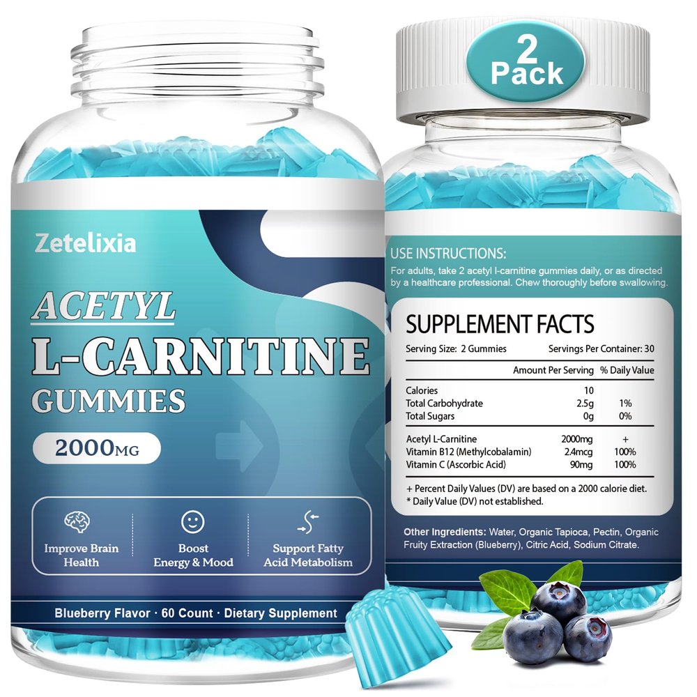 Zetelixia 2 Pack Sugar Free Acetyl L-Carnitine Gummies, L-Carnitine Supplement for Women & Men, with Vitamin C & B12, ALCAR for Energy, Brain & Heart Health Support, Vegan, Non-GMO, 120 Count